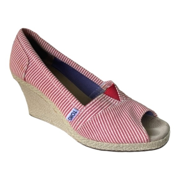 TOMS Red & White Stripe Cork Wedge Peep Toe Sandals Size 8 - Picture 1 of 9